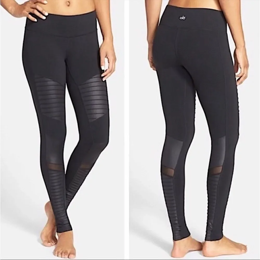 Alo Black High Waisted Motto Ribbed Mesh Athletic Leggings